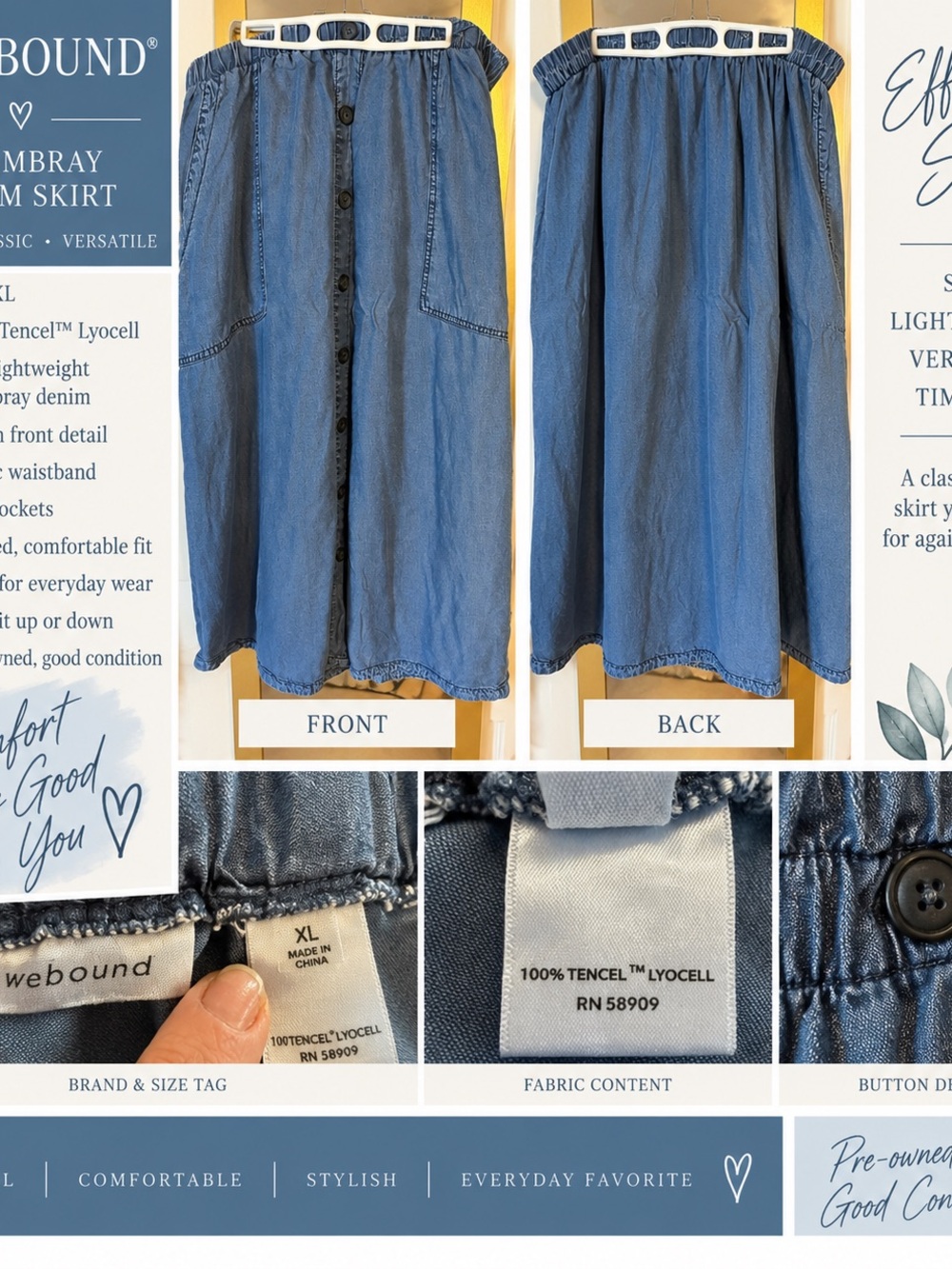 Westbound Chambray Button-Front Midi Skirt in Denim Blue